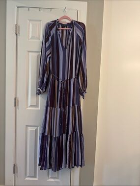 Banana Republic Vertical Striped Tiered Maxi Dress in Blue and Brown